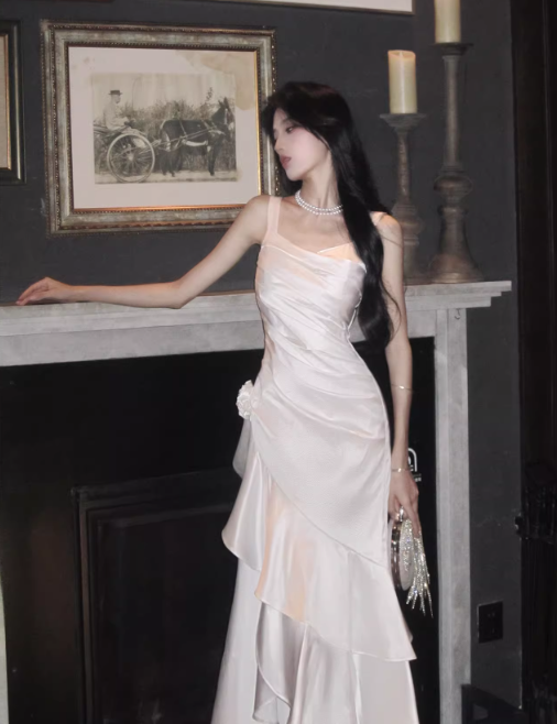 Elegant White Satin Asymmetric Ruffled Hem Spaghetti Strap Midi Evening Gown TP5317