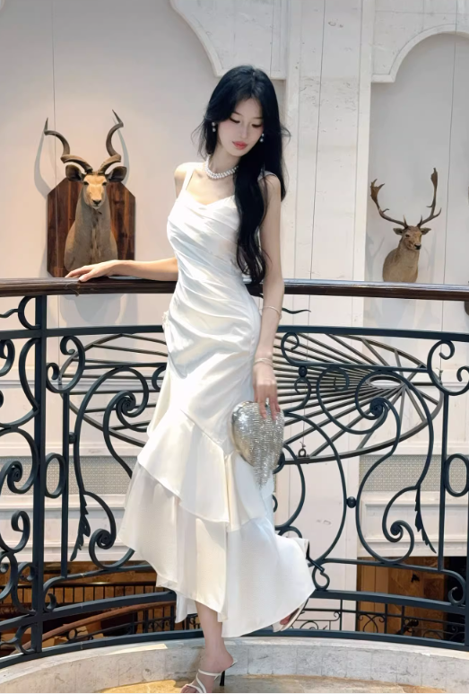 Elegant White Satin Asymmetric Ruffled Hem Spaghetti Strap Midi Evening Gown TP5317