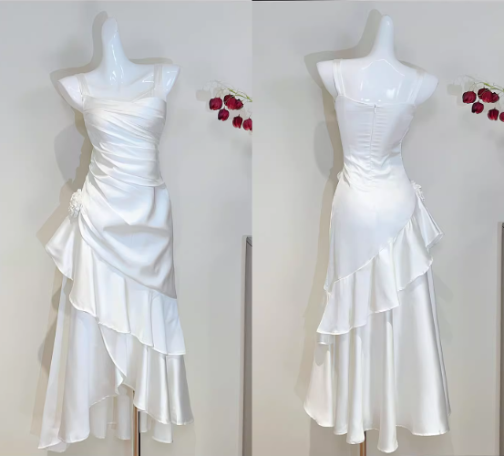 Elegant White Satin Asymmetric Ruffled Hem Spaghetti Strap Midi Evening Gown TP5317