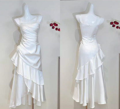 Elegant White Satin Asymmetric Ruffled Hem Spaghetti Strap Midi Evening Gown TP5317