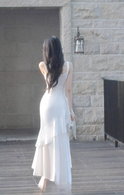 Elegant White Satin Asymmetric Ruffled Hem Spaghetti Strap Midi Evening Gown TP5317