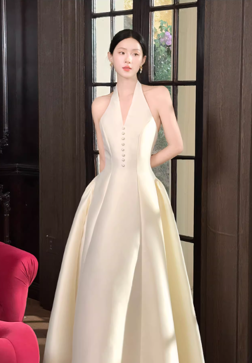 Elegant Ivory Satin A-Line Halter-Neck Midi Evening Gown TP5318