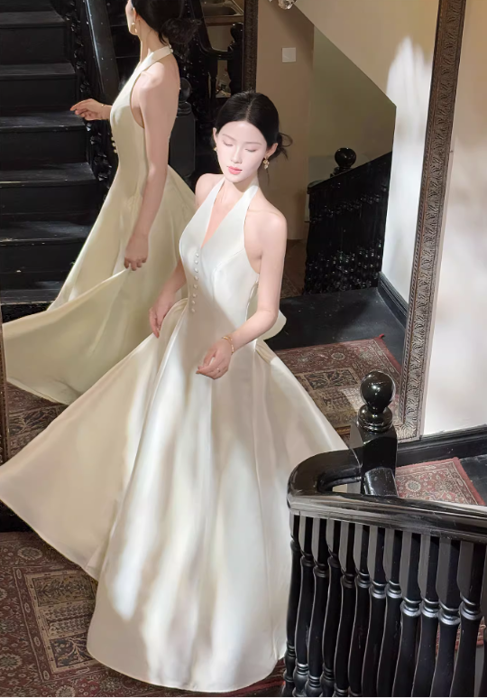 Elegant Ivory Satin A-Line Halter-Neck Midi Evening Gown TP5318