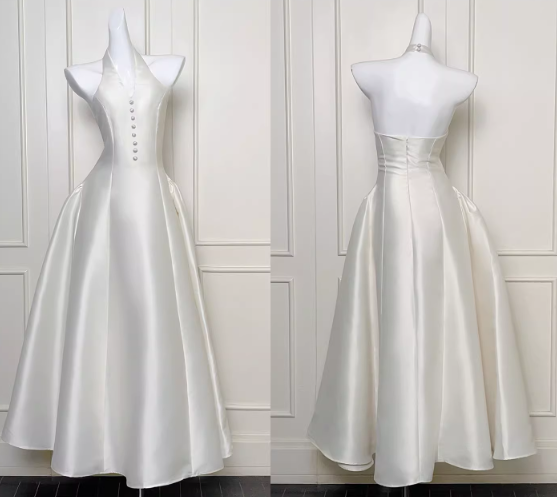 Elegant Ivory Satin A-Line Halter-Neck Midi Evening Gown TP5318