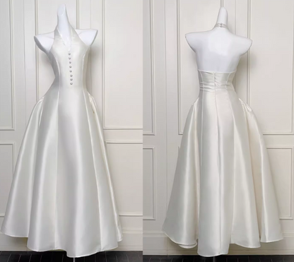 Elegant Ivory Satin A-Line Halter-Neck Midi Evening Gown TP5318