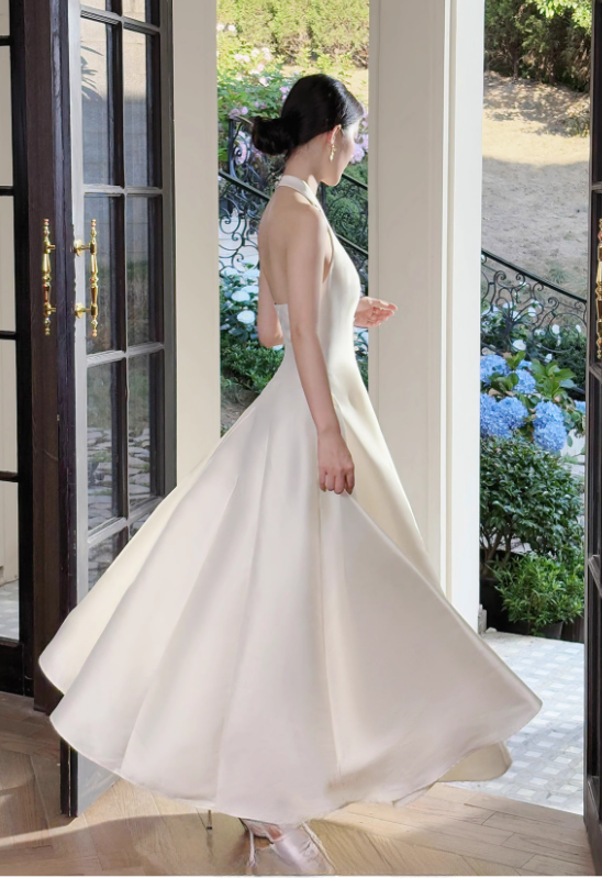 Elegant Ivory Satin A-Line Halter-Neck Midi Evening Gown TP5318