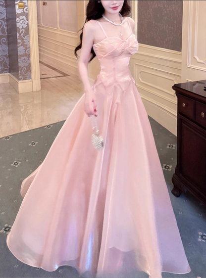 Elegant Pink Satin Spaghetti Strap Sweetheart Neckline A-Line Evening Gown TP5316