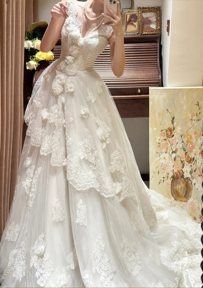 Vintage-Inspired 3D Floral Lace Off-Shoulder Tulle Intricate Embroidery Wedding Dress TP5331
