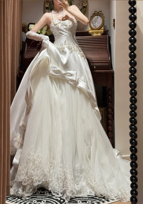 Gorgeous Satin Strapless Bow Lace Embroidery A-Line Wedding Dress TP5406