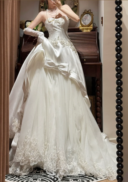 Gorgeous Satin Strapless Bow Lace Embroidery A-Line Wedding Dress TP5406
