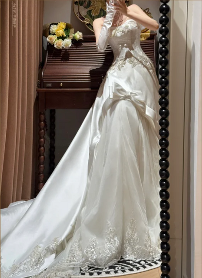 Gorgeous Satin Strapless Bow Lace Embroidery A-Line Wedding Dress TP5406