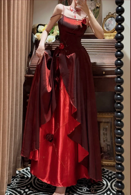 Elegant Burgundy Ruffles 3D Floral Spaghetti Strap Evening Gown TP5407