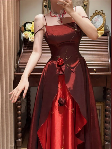 Elegant Burgundy Ruffles 3D Floral Spaghetti Strap Evening Gown TP5407