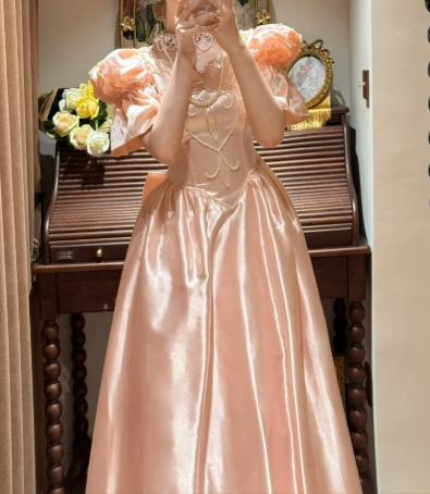 Elegant Pink Satin Puffy Sleeves Beaded A-Line Evening Gown TP5408