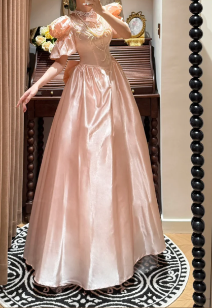 Elegant Pink Satin Puffy Sleeves Beaded A-Line Evening Gown TP5408