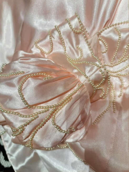 Elegant Pink Satin Puffy Sleeves Beaded A-Line Evening Gown TP5408