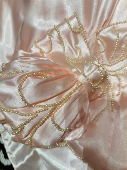 Elegant Pink Satin Puffy Sleeves Beaded A-Line Evening Gown TP5408