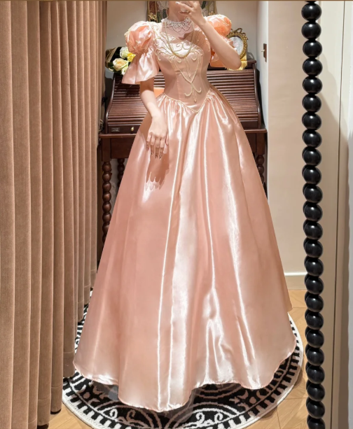 Elegant Pink Satin Puffy Sleeves Beaded A-Line Evening Gown TP5408