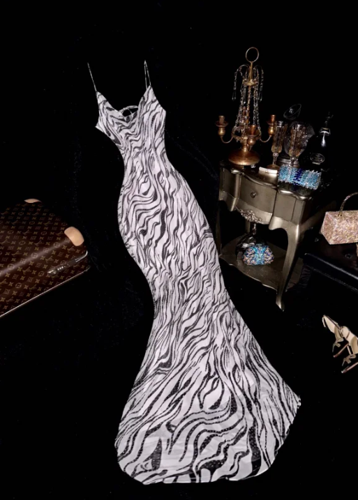 Vintage Black & White Marble Print Spaghetti Strap Mermaid Evening Gown TP5379