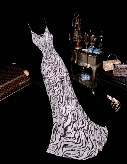 Vintage Black & White Marble Print Spaghetti Strap Mermaid Evening Gown TP5379