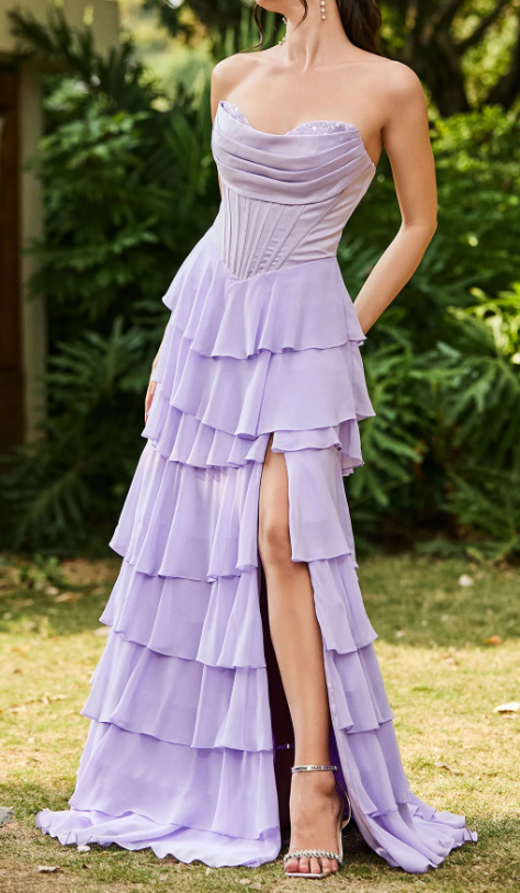 Vintage Strapless Tiered Ruffled Chiffon Sheath High Slit Evening Gown TP5427