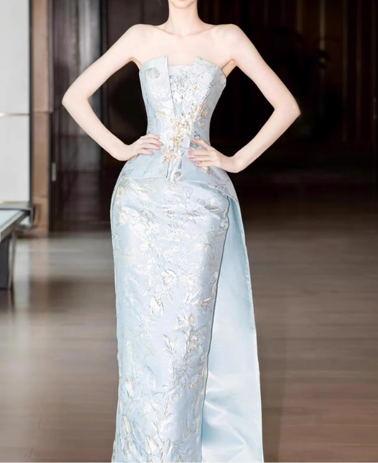 Glamorous Light Blue Strapless Sheath Floral Embroidered Satin Evening Gown TP5431