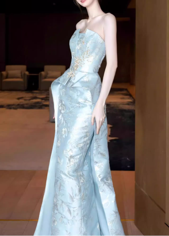 Glamorous Light Blue Strapless Sheath Floral Embroidered Satin Evening Gown TP5431