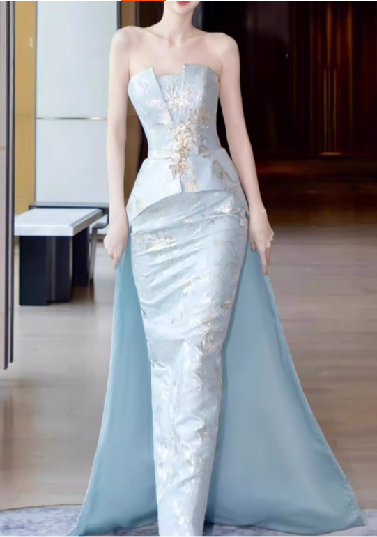 Glamorous Light Blue Strapless Sheath Floral Embroidered Satin Evening Gown TP5431