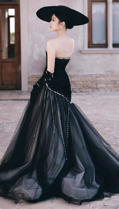 Glamorous Black Strapless Velvet Pearl-Embellished Sheer Tulle A-Line Evening Gown TP5432