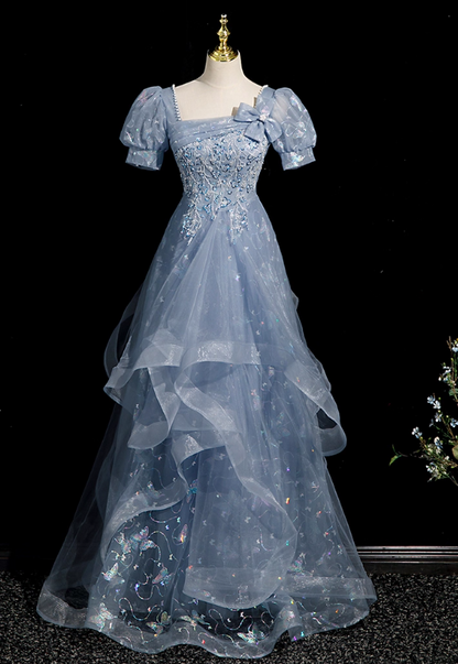 Vintage Light Blue Beaded Puff-Sleeve Ruffled Tulle A-Line Butterfly Embroidery Evening Gown TP5456