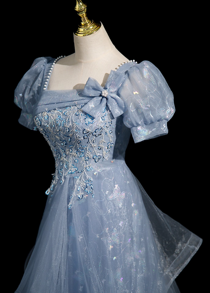 Vintage Light Blue Beaded Puff-Sleeve Ruffled Tulle A-Line Butterfly Embroidery Evening Gown TP5456