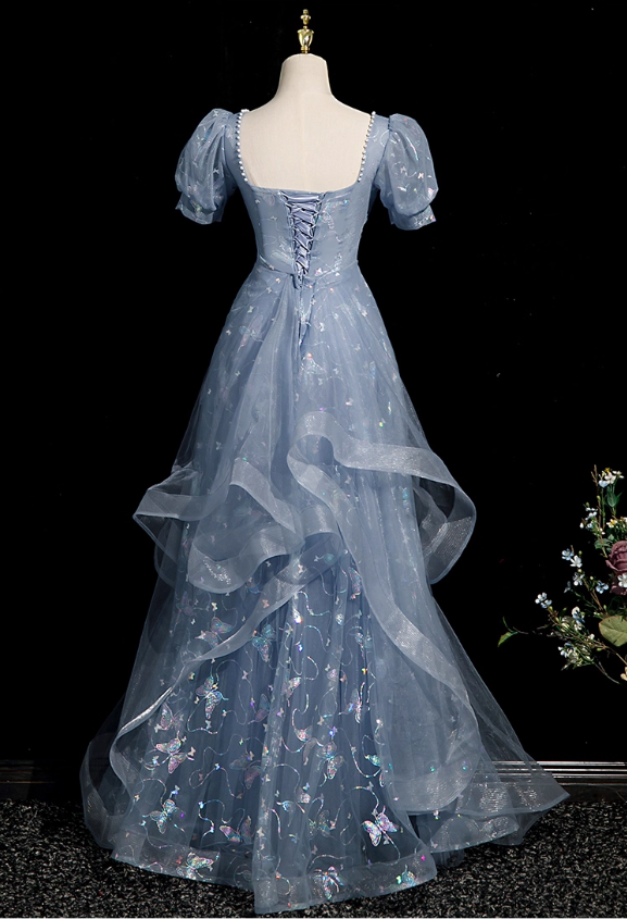 Vintage Light Blue Beaded Puff-Sleeve Ruffled Tulle A-Line Butterfly Embroidery Evening Gown TP5456