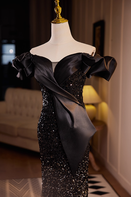 Vintage Black Off-Shoulder Sequin Mermaid Evening Gown TP5464