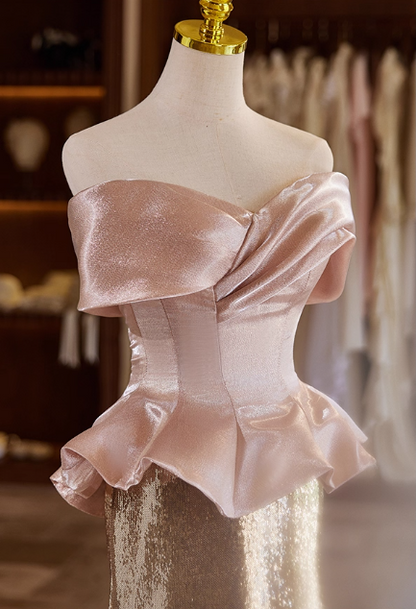 Vintage Pink & Rose Gold Glitter Satin Sheath Off-Shoulder Peplum Evening Gown TP5468