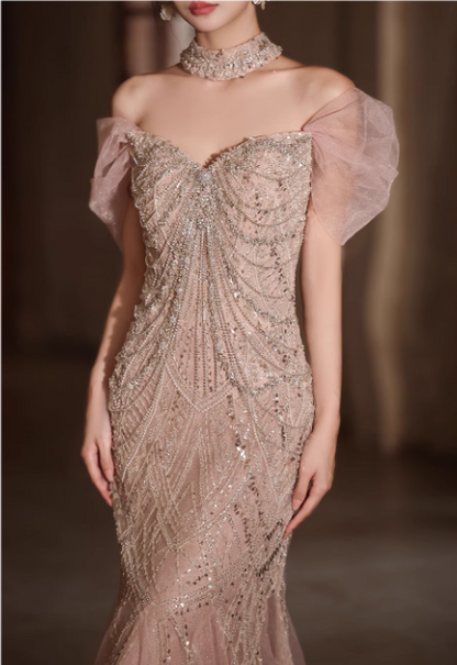 Vintage Champagne Beaded Mermaid Off-Shoulder Tulle Evening Gown TP5470
