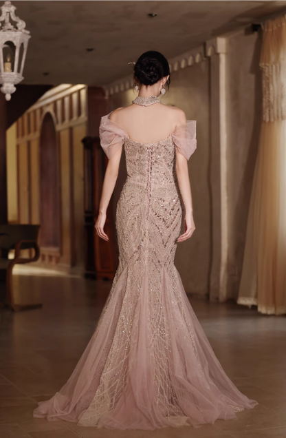 Vintage Champagne Beaded Mermaid Off-Shoulder Tulle Evening Gown TP5470