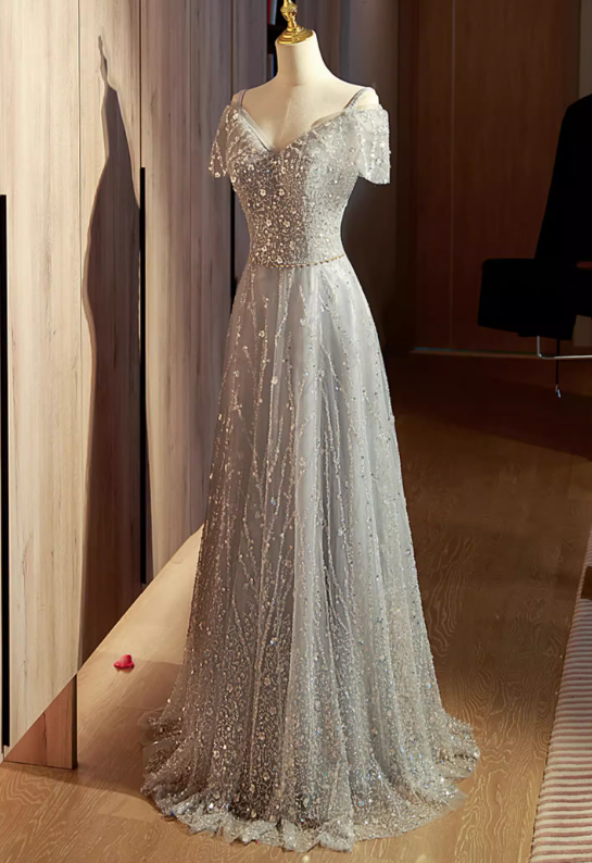 Vintage Silver Beaded A-Line Off-Shoulder Tulle Evening Gown TP5471