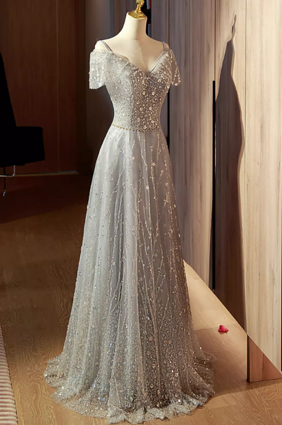 Vintage Silver Beaded A-Line Off-Shoulder Tulle Evening Gown TP5471
