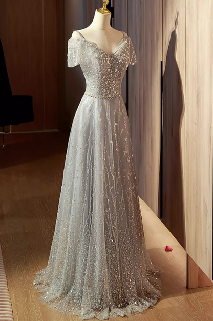 Vintage Silver Beaded A-Line Off-Shoulder Tulle Evening Gown TP5471