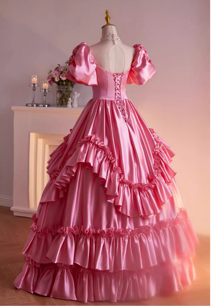 Glamorous Hot Pink Satin Puff Sleeves Ruffled Tiered Sweet 15 Quinceanera Ball Gown TP5479