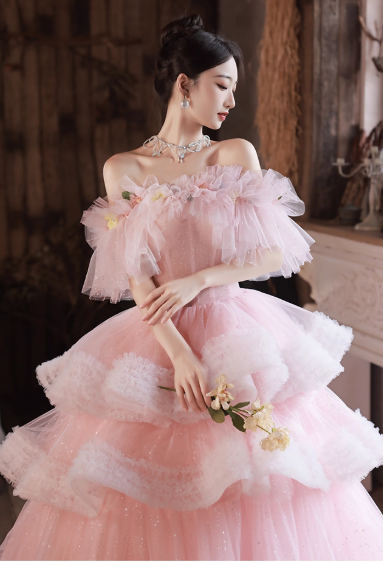 Glamorous Pink Tiered Tulle Fluffy Ruffles Off-Shoulder Floral Sweet 15 Quinceanera Ball Gown TP5485