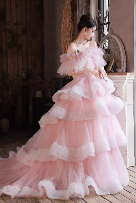 Glamorous Pink Tiered Tulle Fluffy Ruffles Off-Shoulder Floral Sweet 15 Quinceanera Ball Gown TP5485