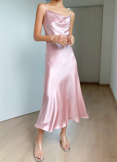 Elegant Satin Cowl-Neck Spaghetti Strap Midi Length Evening Gown TP5487