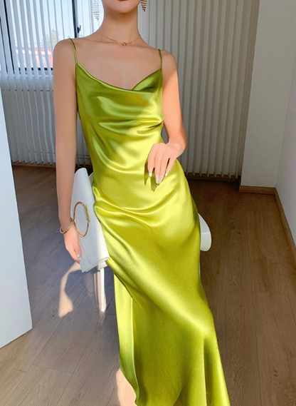 Elegant Satin Cowl-Neck Spaghetti Strap Midi Length Evening Gown TP5487