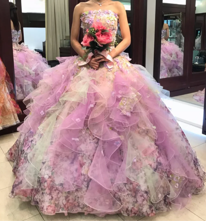 Glamorous Pink Floral Strapless Ruffled Tulle Sweet 15 Quinceanera Ball Gown TP5488