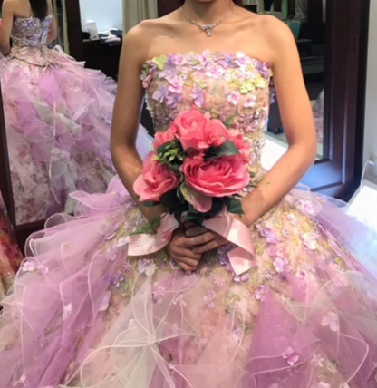 Glamorous Pink Floral Strapless Ruffled Tulle Sweet 15 Quinceanera Ball Gown TP5488