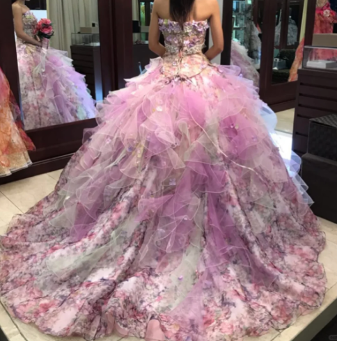 Glamorous Pink Floral Strapless Ruffled Tulle Sweet 15 Quinceanera Ball Gown TP5488