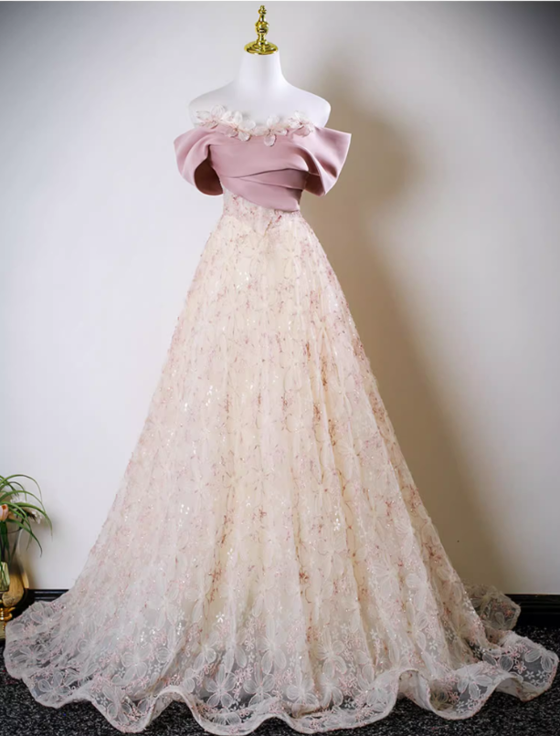 Glamorous Off-Shoulder Sequin Floral Lace Prom Dress Draped Bodice & Train Sweet 15 Quinceanera Ball Gown TP5499