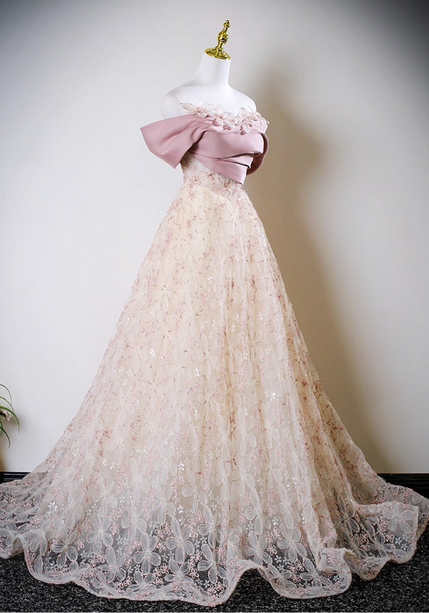 Glamorous Off-Shoulder Sequin Floral Lace Prom Dress Draped Bodice & Train Sweet 15 Quinceanera Ball Gown TP5499