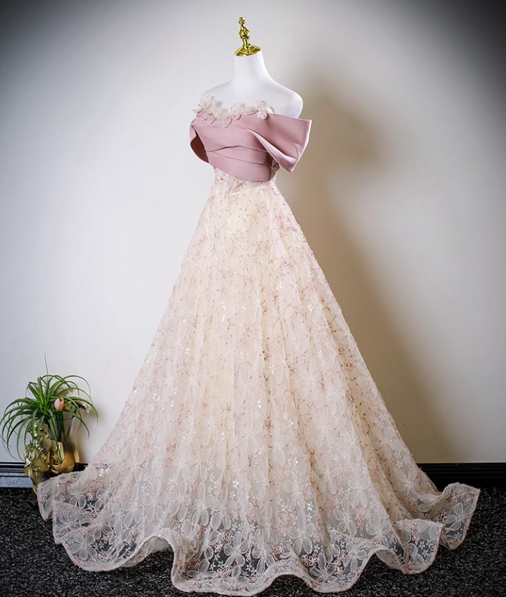 Glamorous Off-Shoulder Sequin Floral Lace Prom Dress Draped Bodice & Train Sweet 15 Quinceanera Ball Gown TP5499